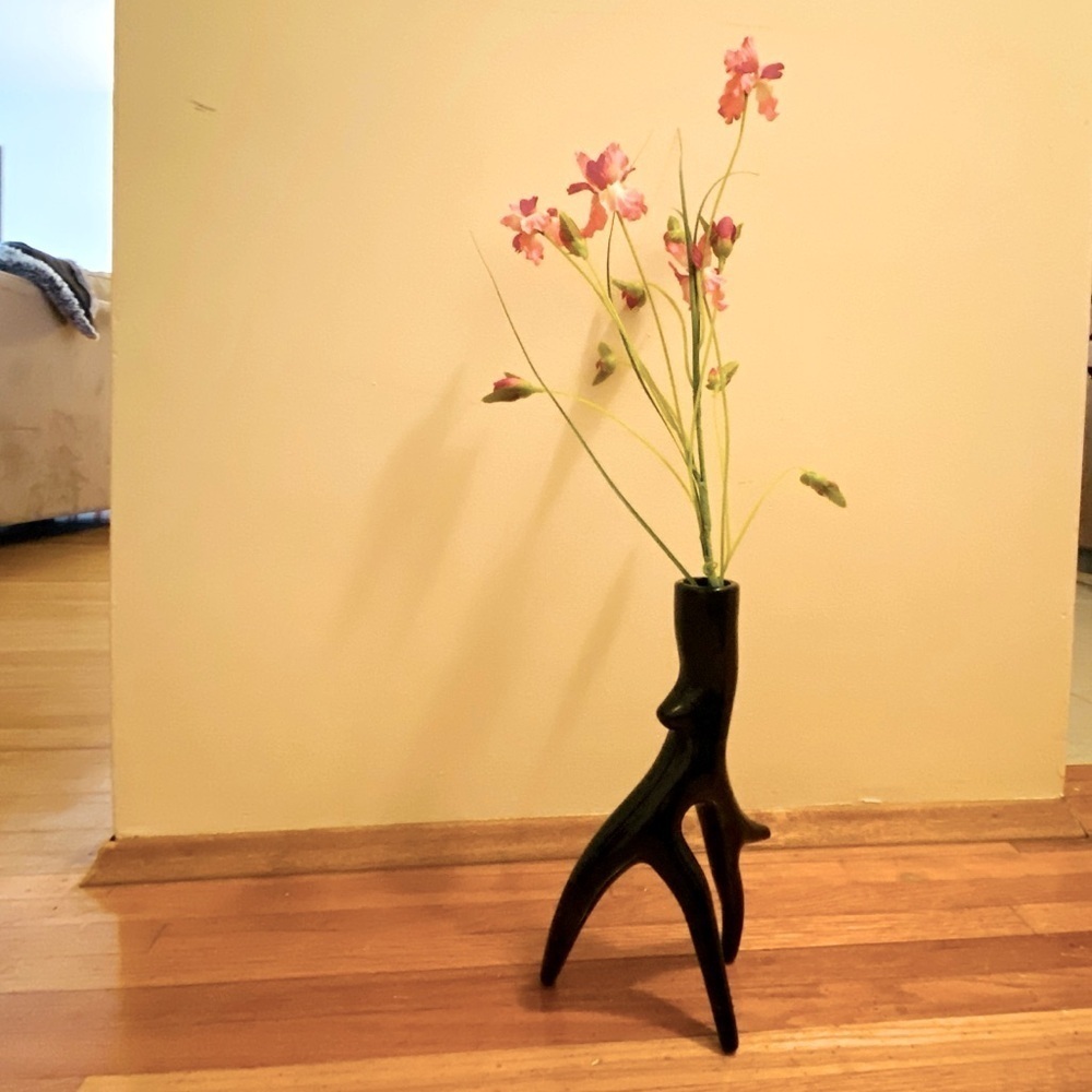 Ceramic antler vase three-dimensional black glossy 11” tall candle holder branch